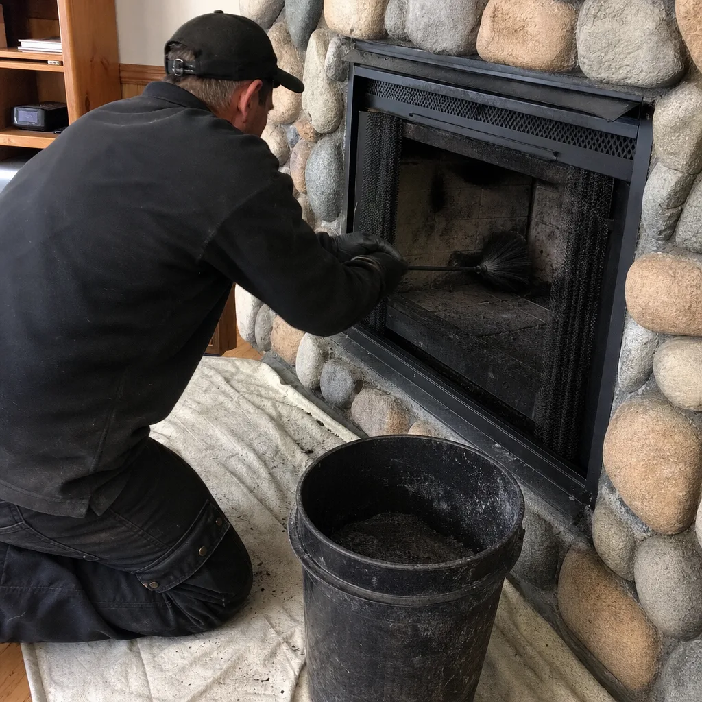 Professional chimney sweep cleaning soot from inside a stone fireplace