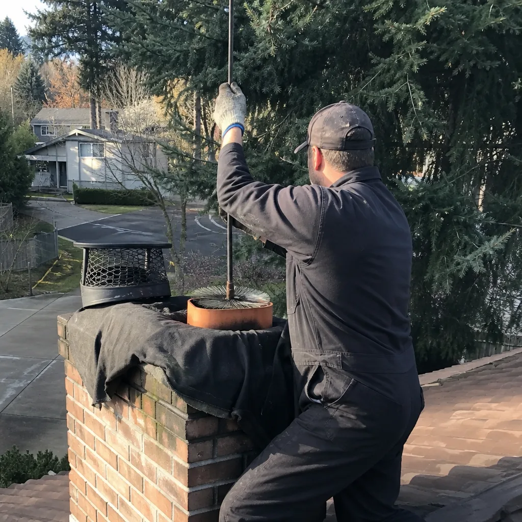 Professional chimney sweep cleaning a residential brick chimney on a roof.