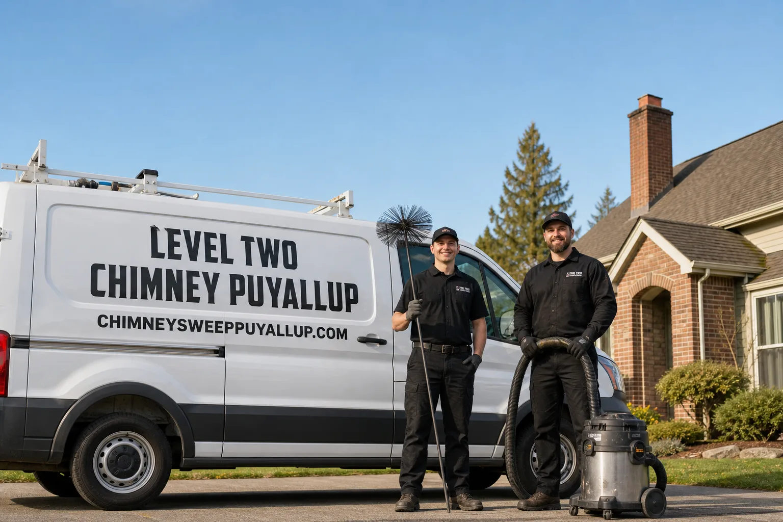 Level Two Chimney Puyallup chimney cleaning service vehicle and crew in Puyallup, WA